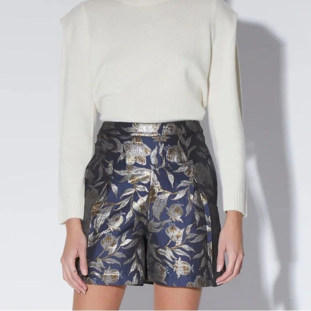 Walter Baker Navy Blue Silver Gold Taylor Short Camellia Brocade Jacquard Size 6